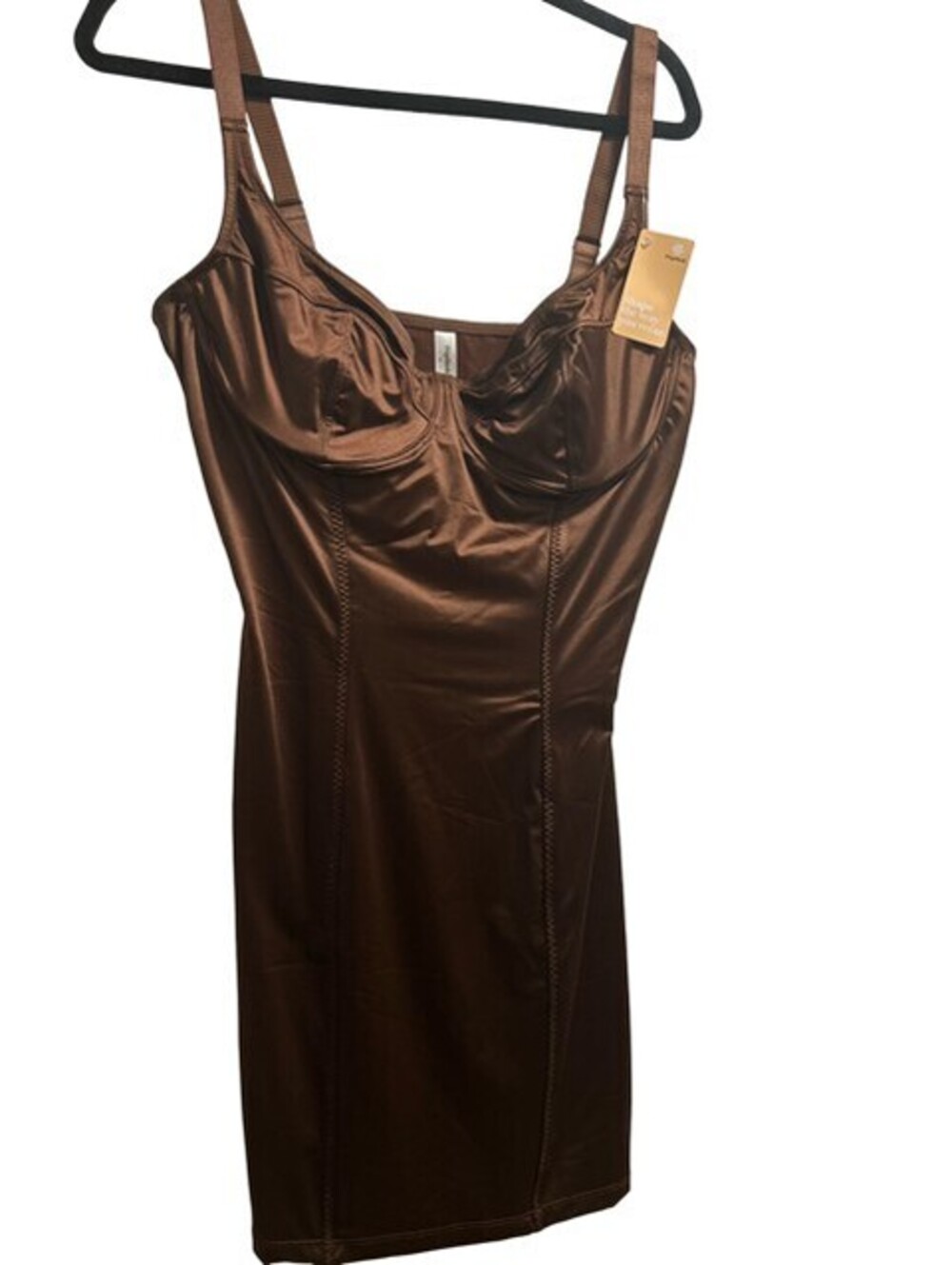 NWT Popilush Brown Satin Bodycon Dress with Adjustable Straps, Size XL